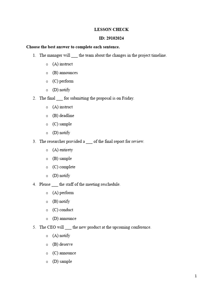 Lesson Check: Sentence Completion Quiz | PDF