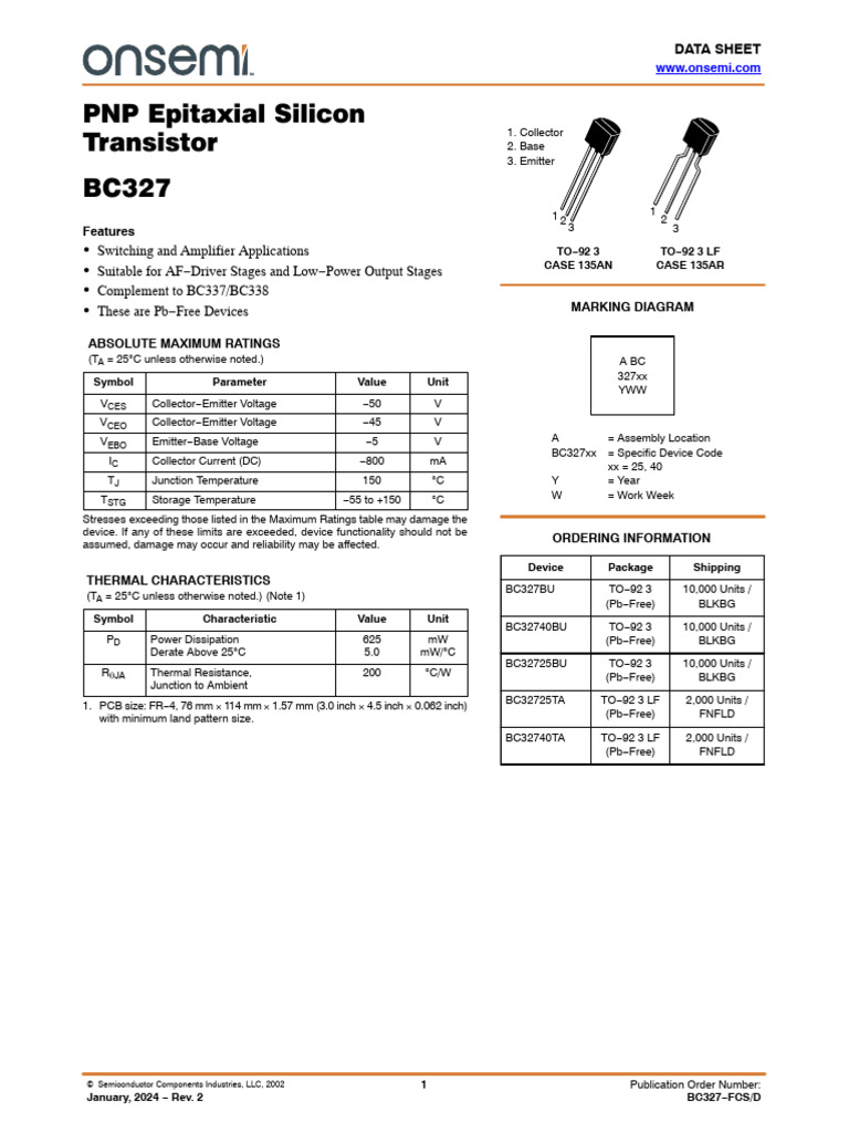 PNP Epitaxial Silicon Transistor BC327 | PDF | Electronics | Electronic ...