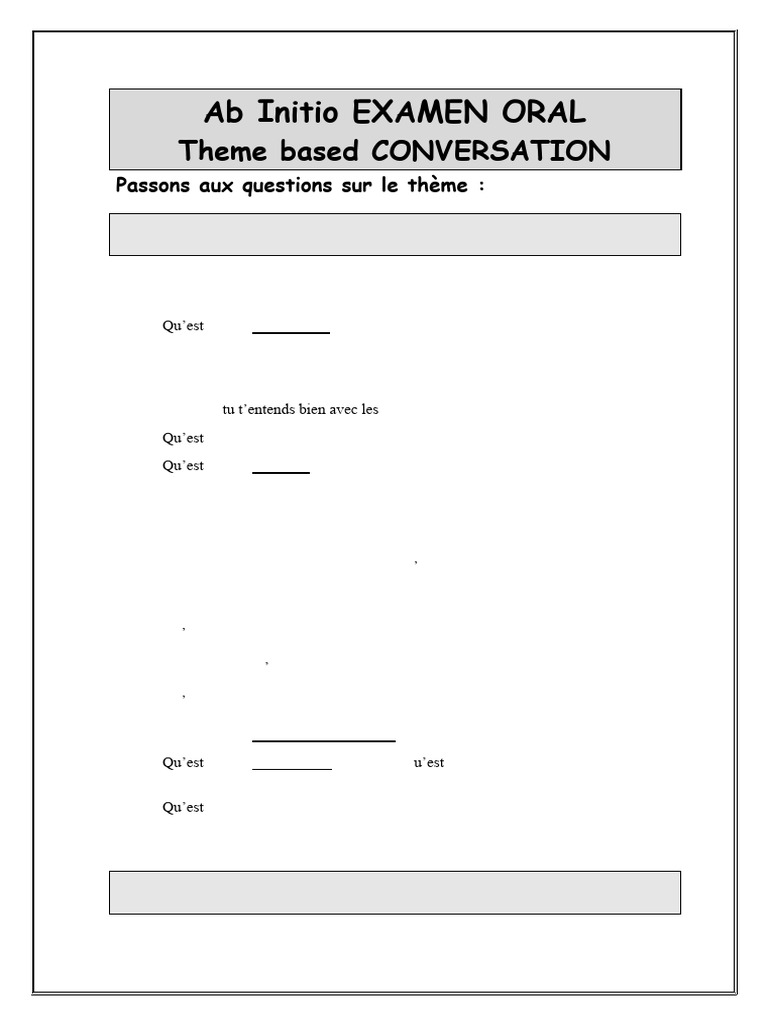 FRENCH - IB Ab Initio - SPEAKING - EXAM - QUESTIONS by Theme Feb 2023 | PDF
