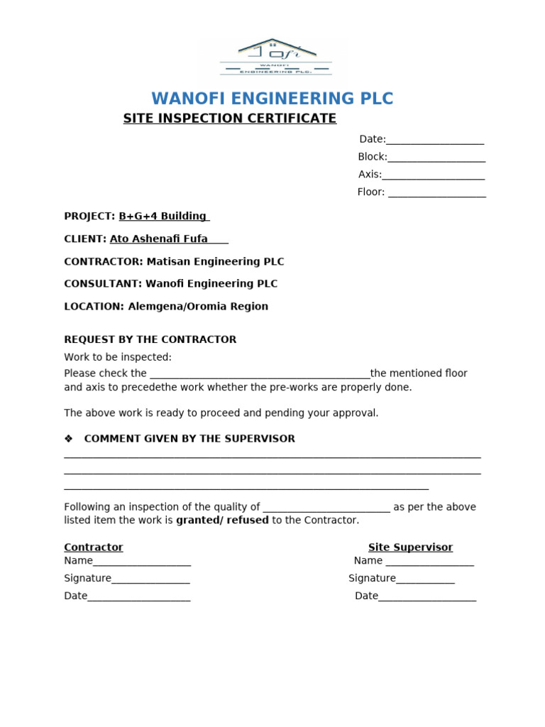 Site inspection certificate | PDF