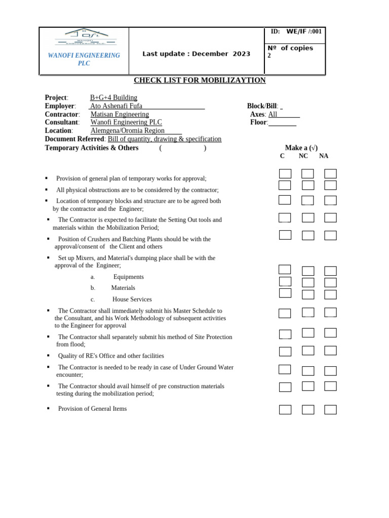 Mobilization and Work Permit Checklist | PDF | Concrete | Construction ...