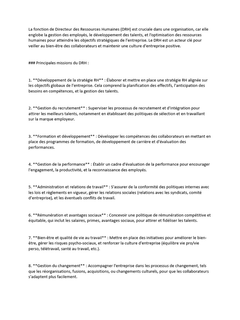 Rôle clé du DRH en entreprise | PDF | Gestion des ressources humaines ...