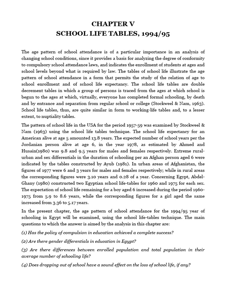 School Life Tables Egypt 1994/95 Analysis | PDF