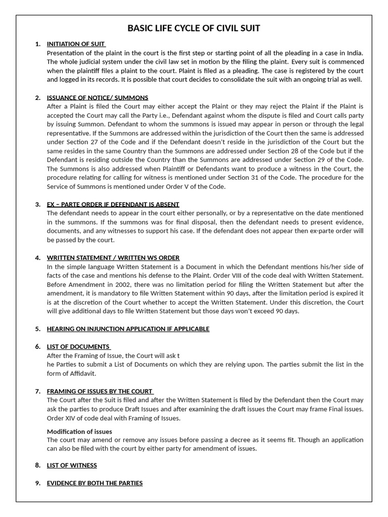Civil Suit Life Cycle Explained | PDF | Lawsuit | Injunction
