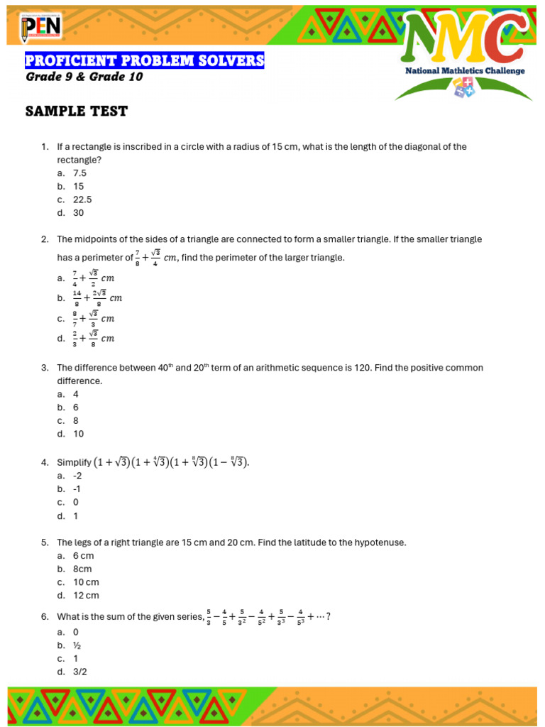 Grade 9-10 Math Problem Solving Test | PDF | Triangle | Elementary Geometry