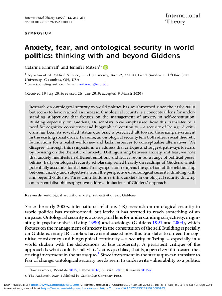Anxiety and Ontological Security in Politics | PDF | Anxiety ...