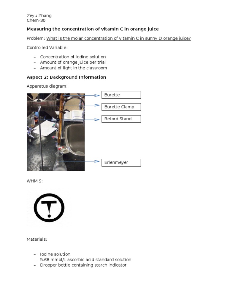 Measuring The Concentration of Vitamin C in Orange Juice PDF Titration Chemistry