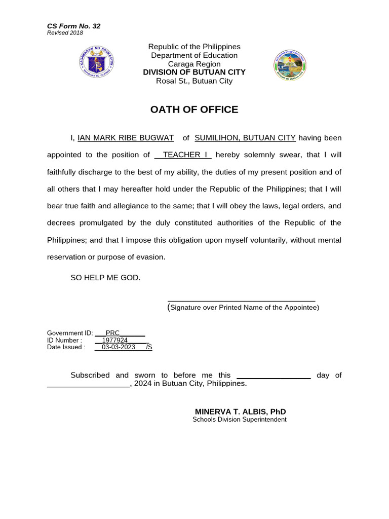 Cs form no 32 oath of office 2024 pdf