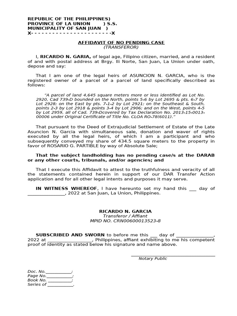 Affidavit of No Pending Case - La Union | PDF | Affidavit | Evidence