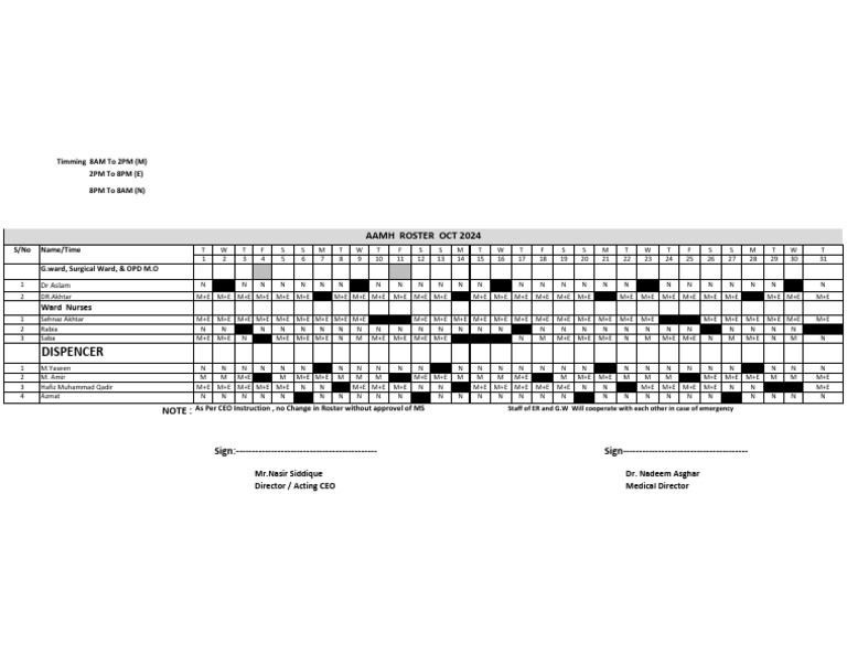 October 2024 Staff Roster Schedule | PDF