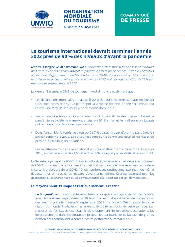 Reprise du tourisme mondial en 2023 | PDF | Tourisme | Économie