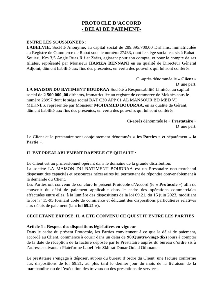 Accord sur Délai de Paiement entre Parties | PDF