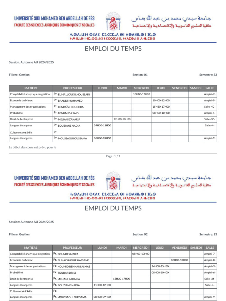 Emploi du Temps S3 Gestion 2024/2025 | PDF