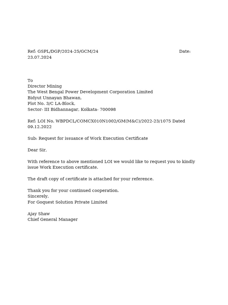 Request for Work Execution Certificate | PDF | Business
