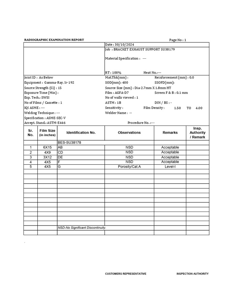 Radiographic examination report remarks observations identification no