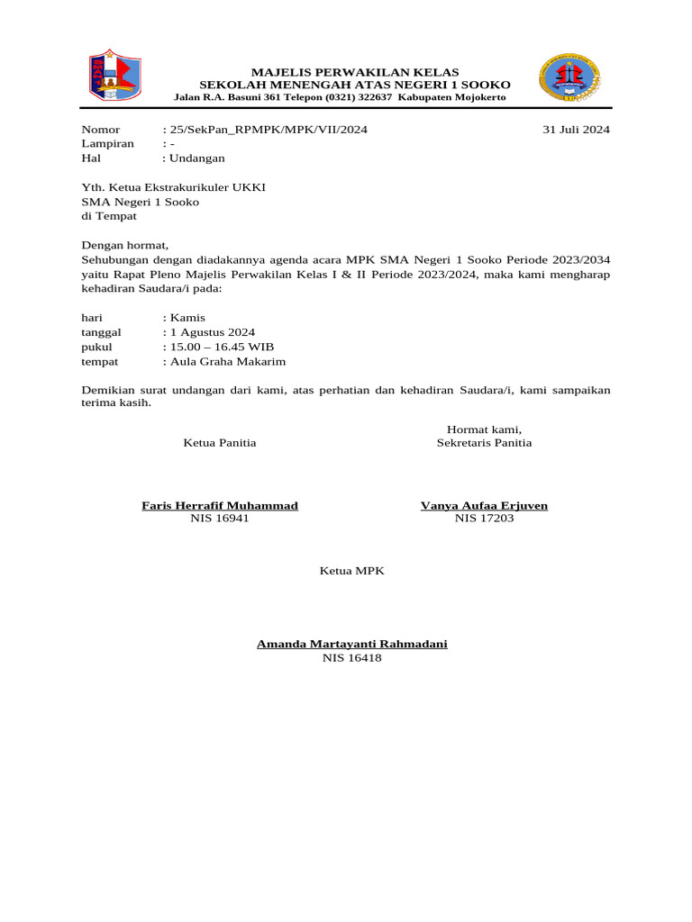 Undangan Rapat Pleno MPK SMA Sooko | PDF