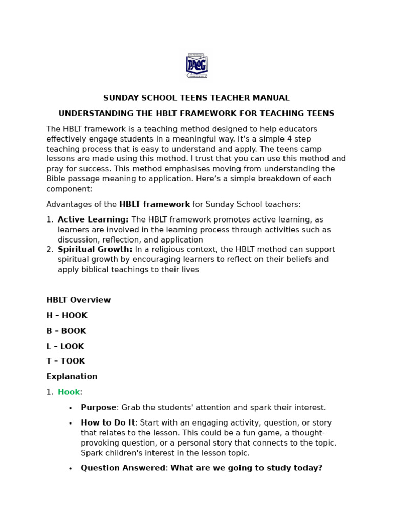Sunday School Teacher Manual Pdf Learning Teaching Method