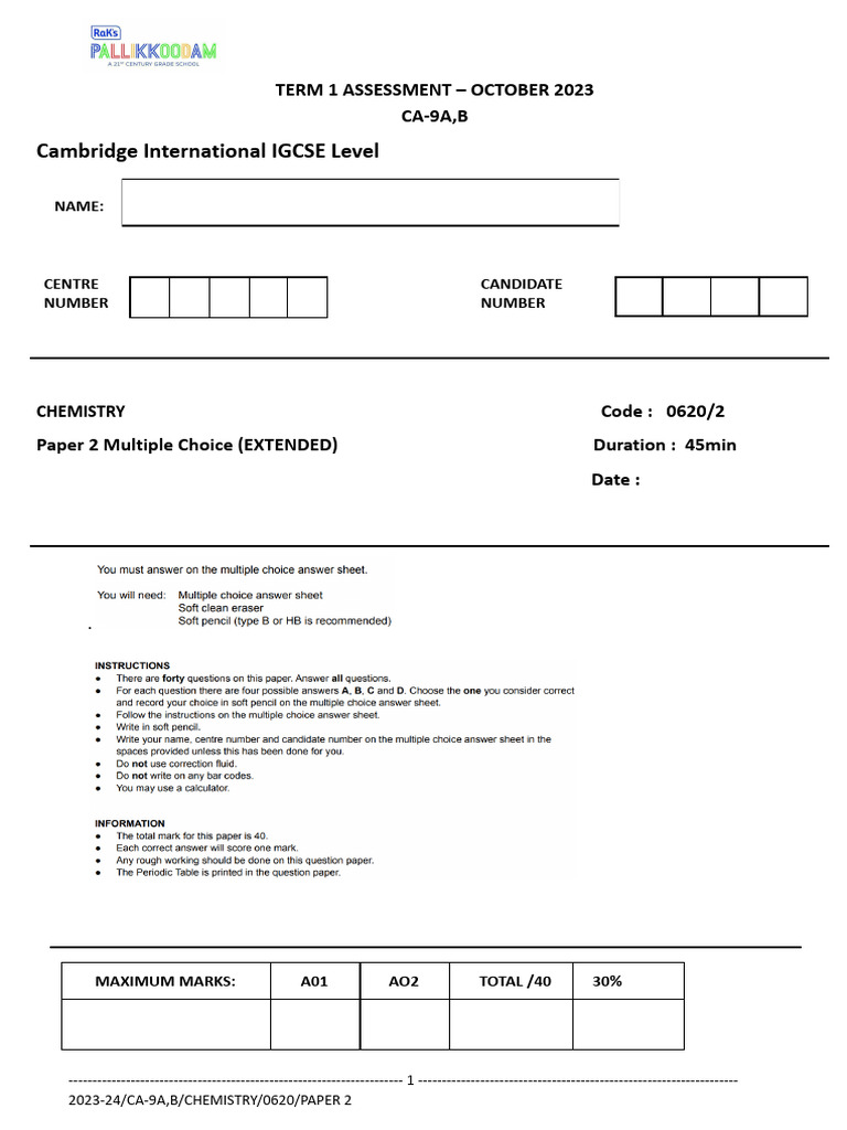 IGCSE Chemistry Paper 2 Test 2023 | PDF | Student Assessment And ...