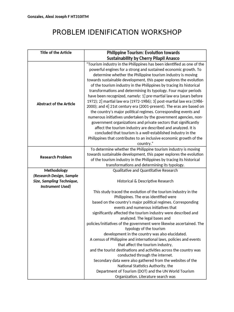 Problem identification gonzales pdf tourism sustainability