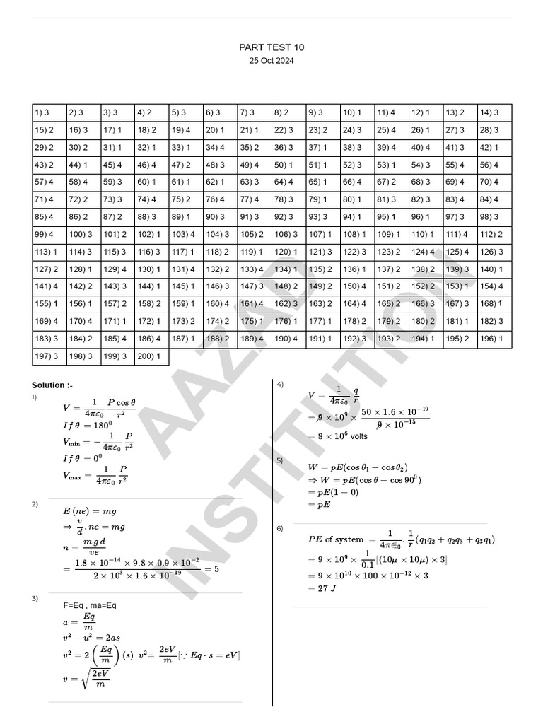 Part Test 10 Results and Solutions | PDF | Flux