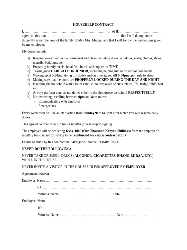 Househelp Contract | PDF | Cooking, Food & Wine | Law
