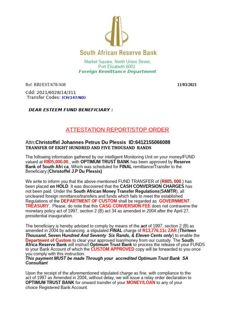 RBI Fund Transfer Hold Notification | PDF | Financial Services | Money