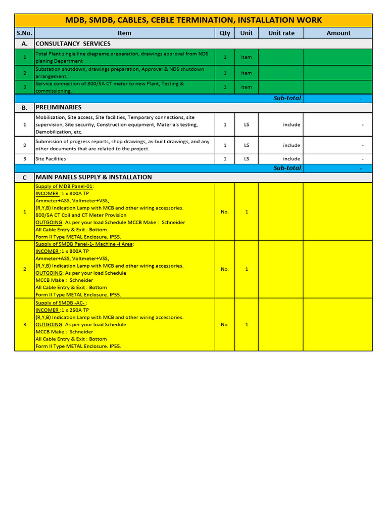 Boq Mdb Smdb Electrical Work Scope PDF Electrical Equipment Equipment