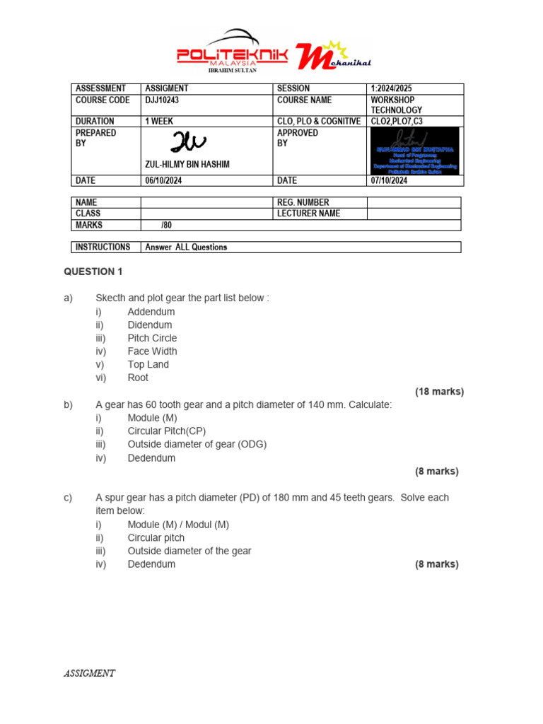 Eoc Assgm 1 Question S1 2024 2025 Pdf Gear Numerical Control