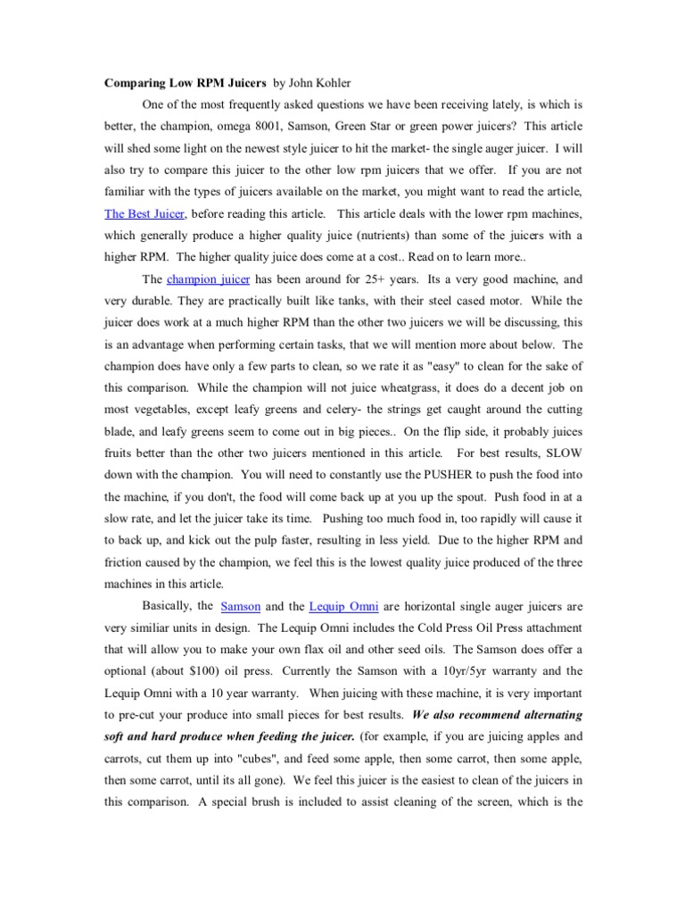 Comparing Low RPM Juicers by John Kohler PDF Juice Diet & Nutrition