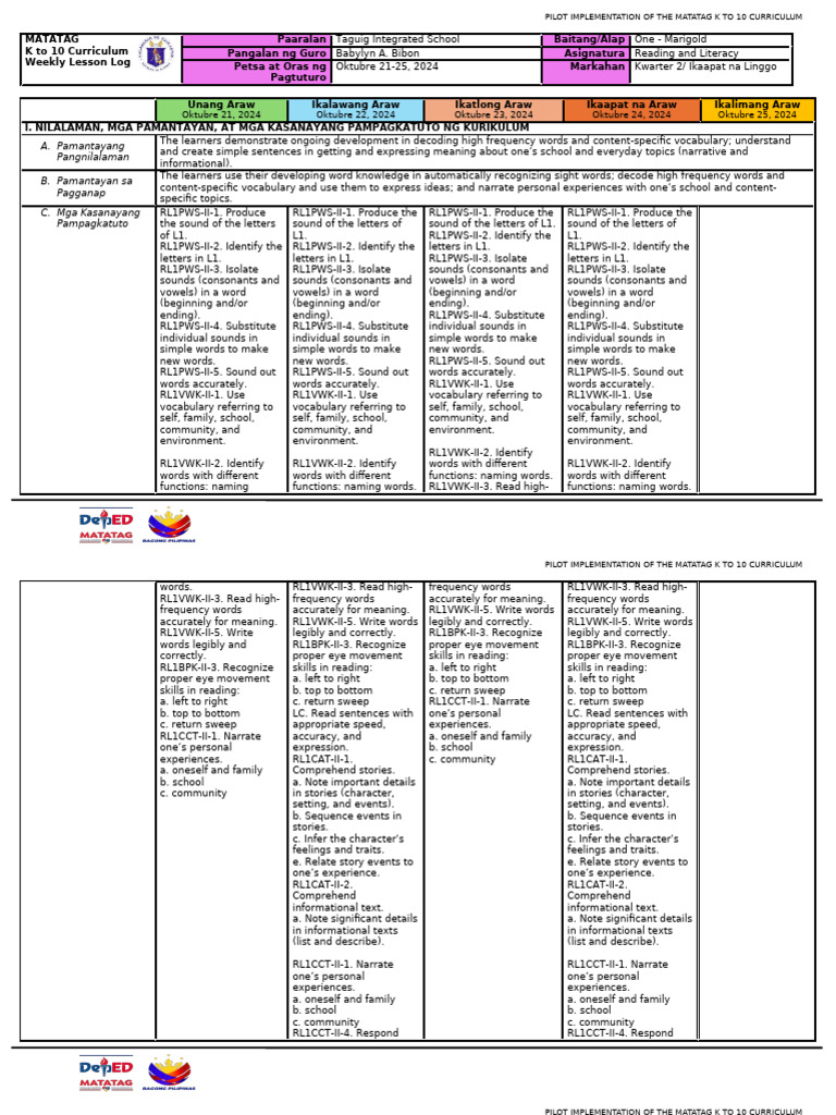 K to 10 Curriculum Weekly Lesson Plan | PDF | Tagalog Language | Vocabulary