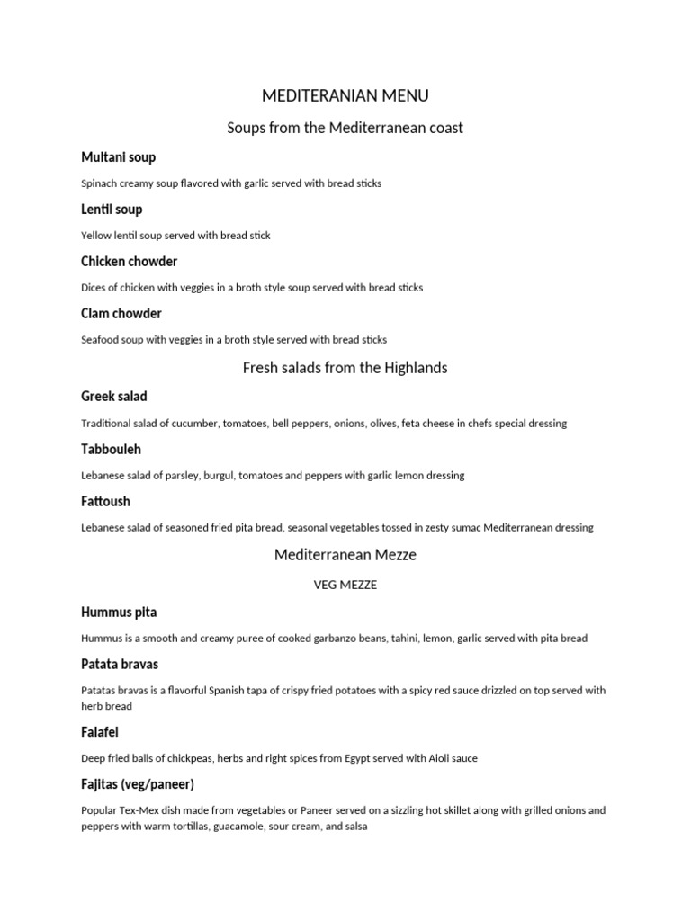 Mediterranean Cuisine Menu Overview | PDF | Mediterranean Cuisine | Salad