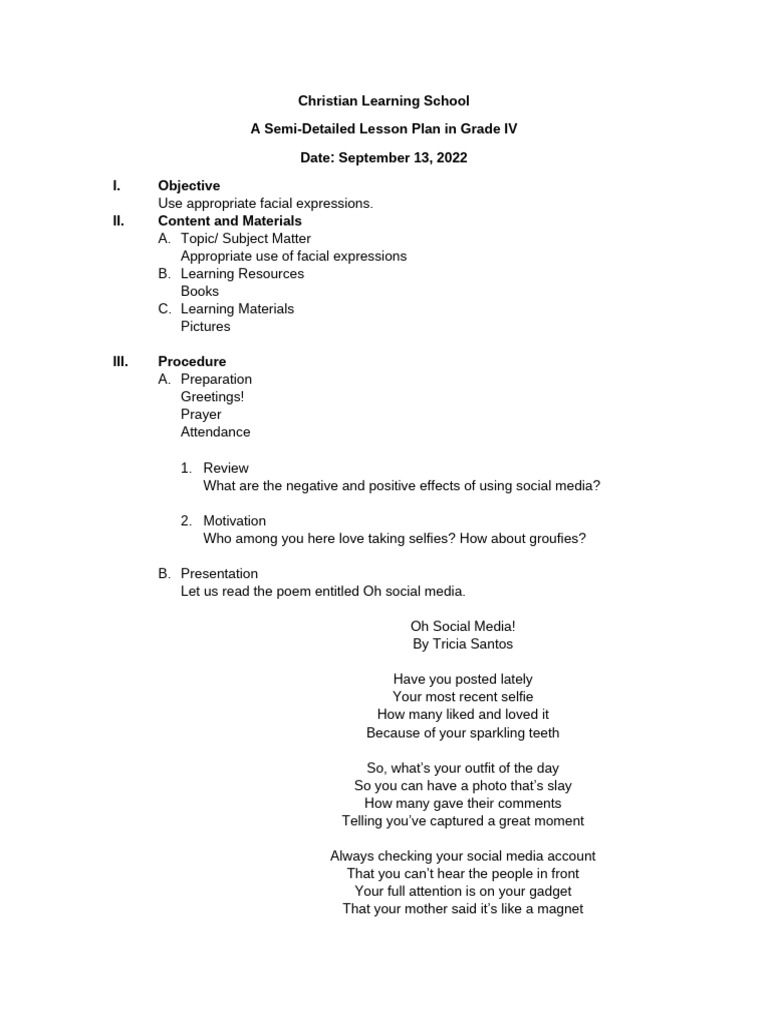 Grade IV Lesson Plan on Facial Expressions | PDF | Social Media ...