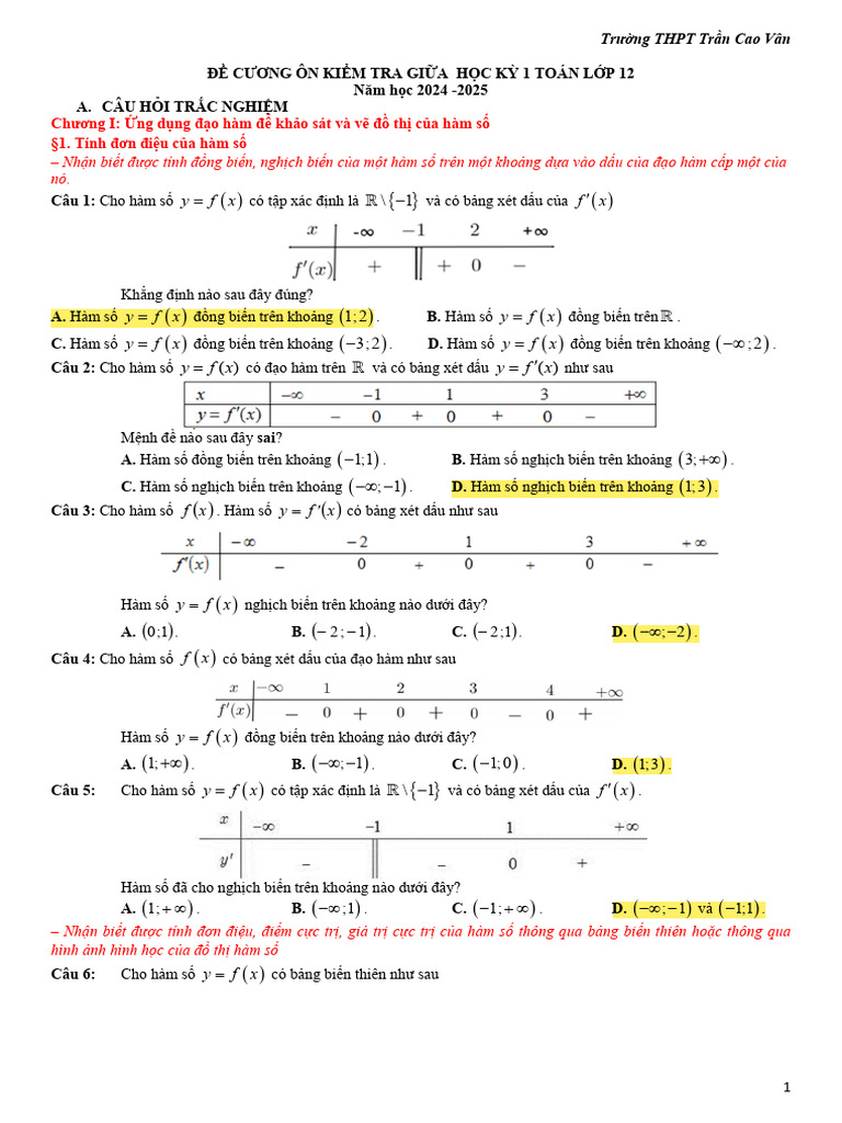 PDF de Cuong On Tap Giua Ki I Toán Khoi 12 | PDF