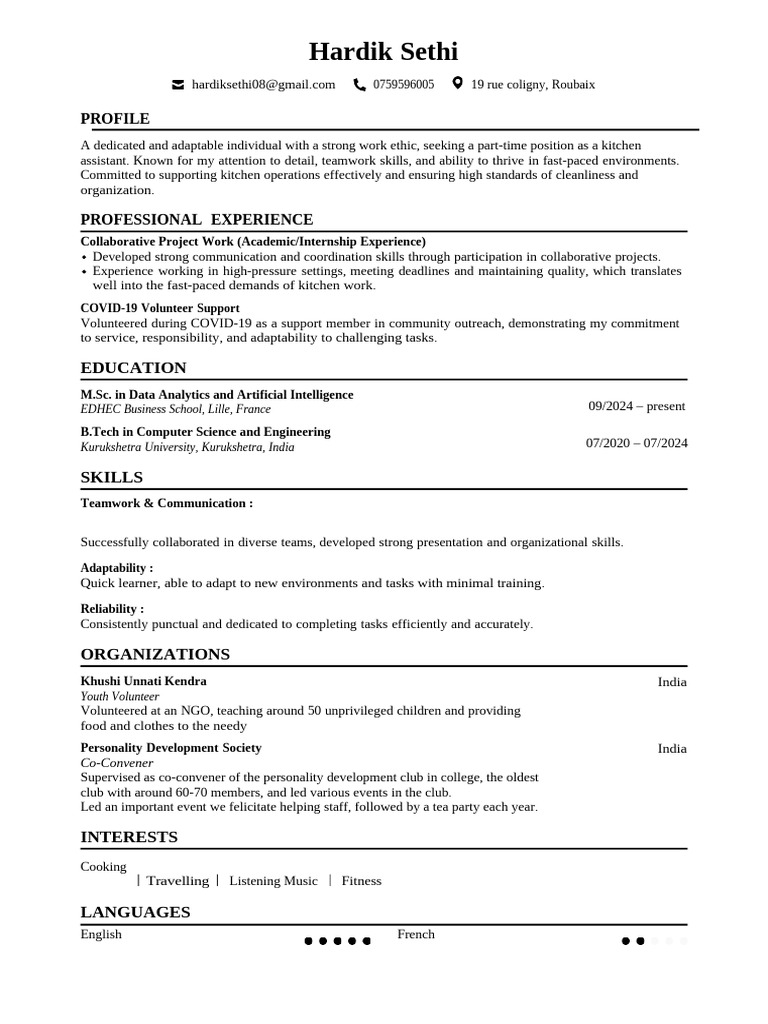Part-Time Kitchen Assistant Profile | PDF