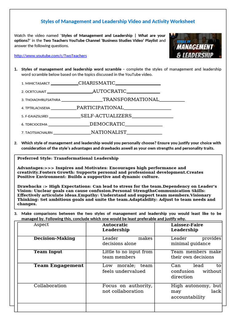 Styles of Management and Leadership Video and Activity Worksheet 2 ...