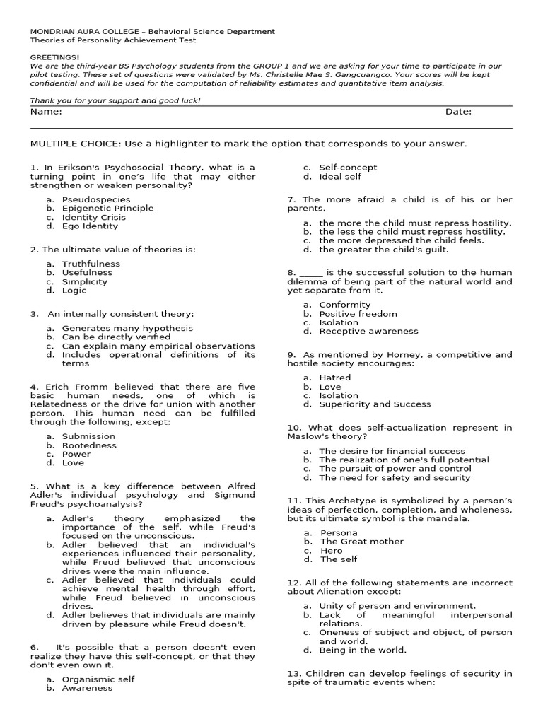Theories of Personality Assessment Test | PDF | Sigmund Freud | Self ...