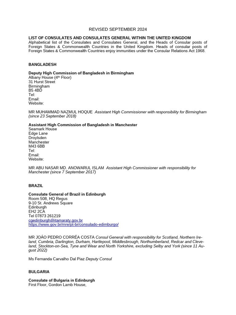 Consulates Outside London - September 2024 | PDF | Global Politics ...