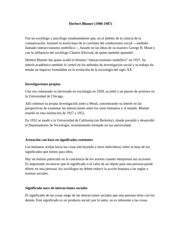 Herbert Blumer y el interaccionismo simbólico | PDF | Sociología ...