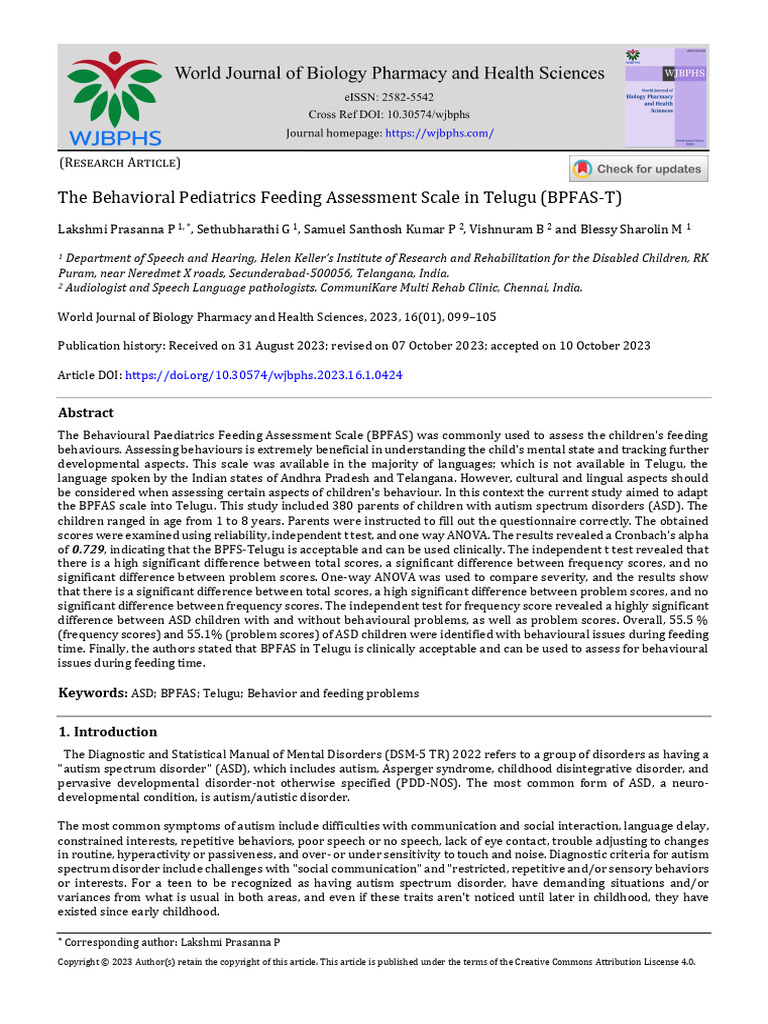 The Behavioral Pediatrics Feeding Assessment Scale | PDF | Autism Spectrum | Mental Disorder