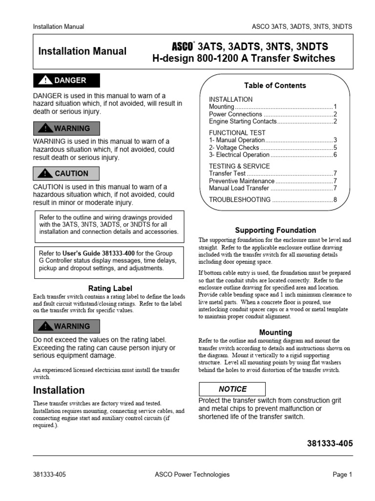 ASCO Transfer Switch Installation Guide | PDF | Switch | Electrical ...