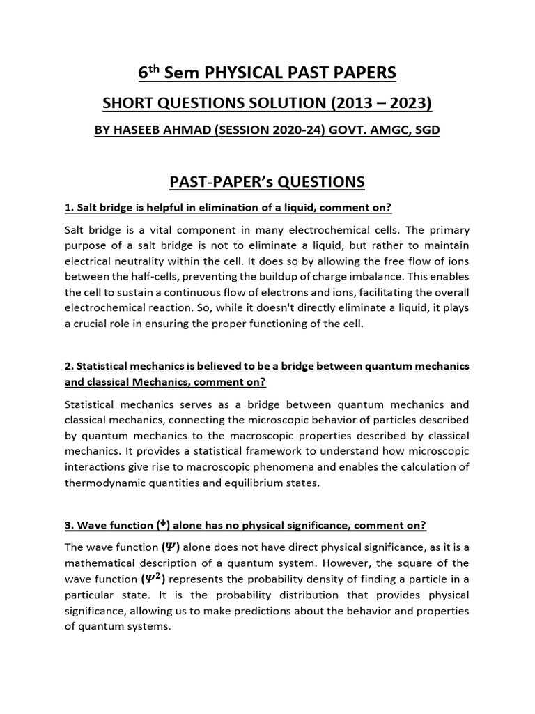 6th Sem Physical Past Papers Solutions | PDF | Wave Function ...