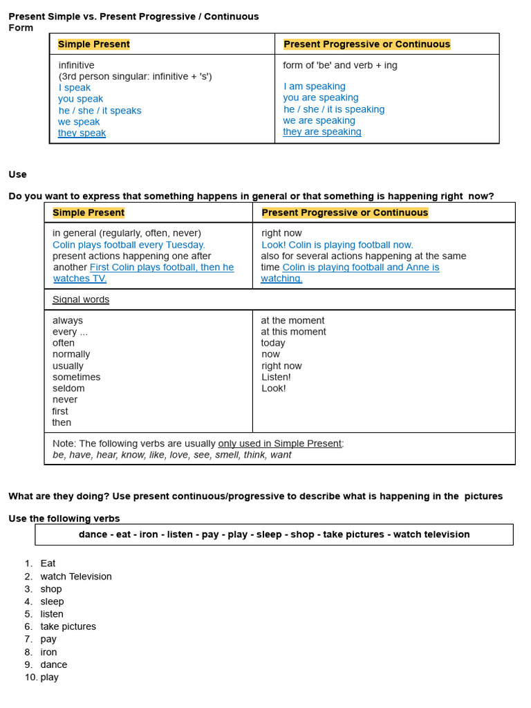 Present Simple Vs Continuous - Exercises | PDF | Grammar | Linguistics