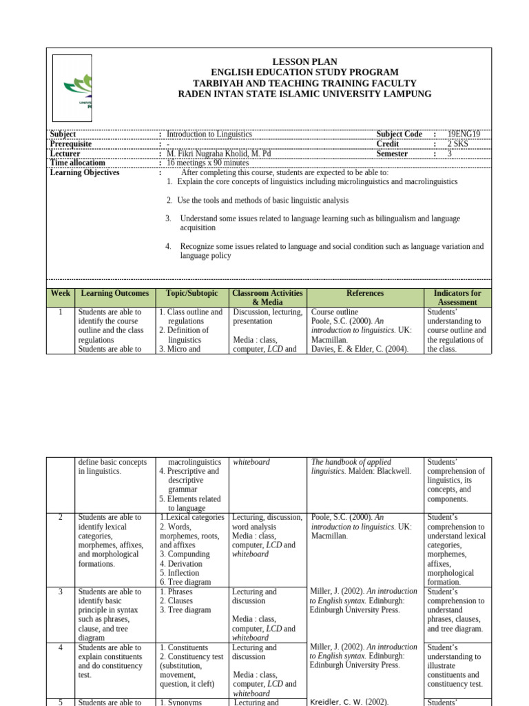 Introduction to Linguistics Lesson Plan | PDF | Phonology | Phrase
