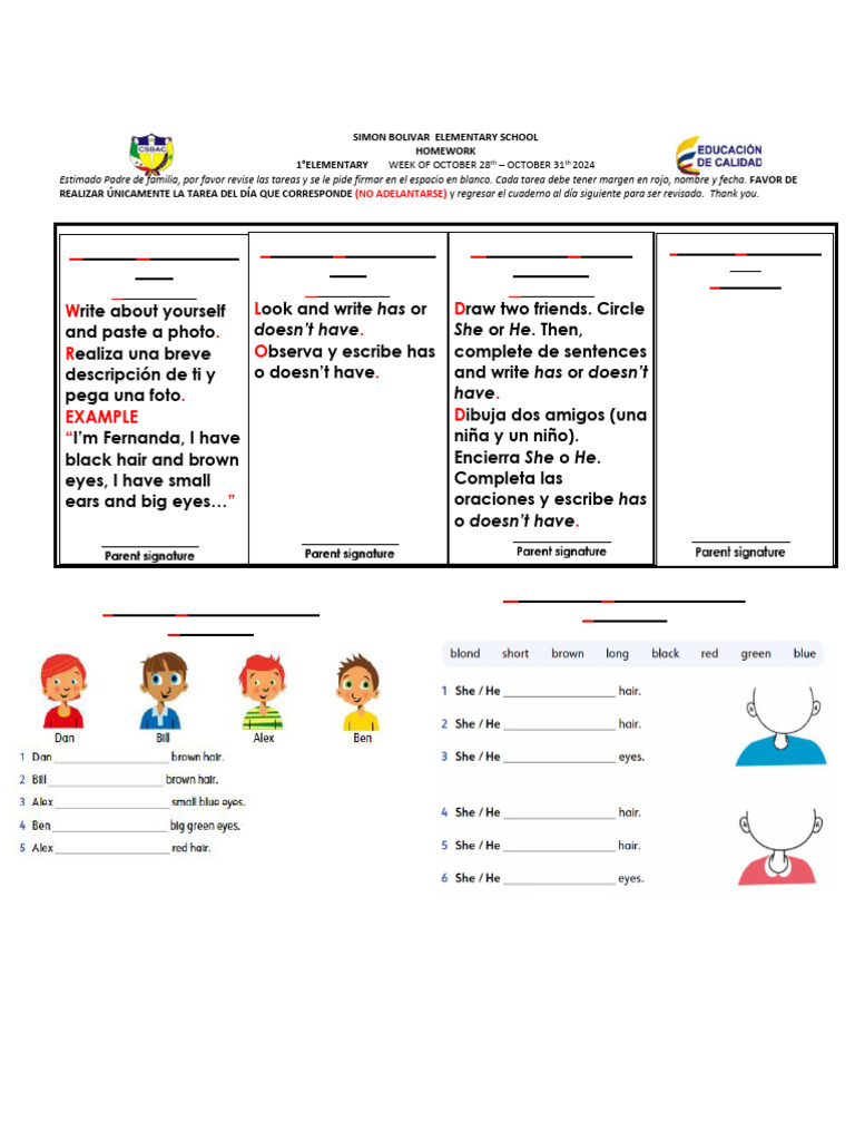Homework 1° Elementary 28-31 Oct | PDF