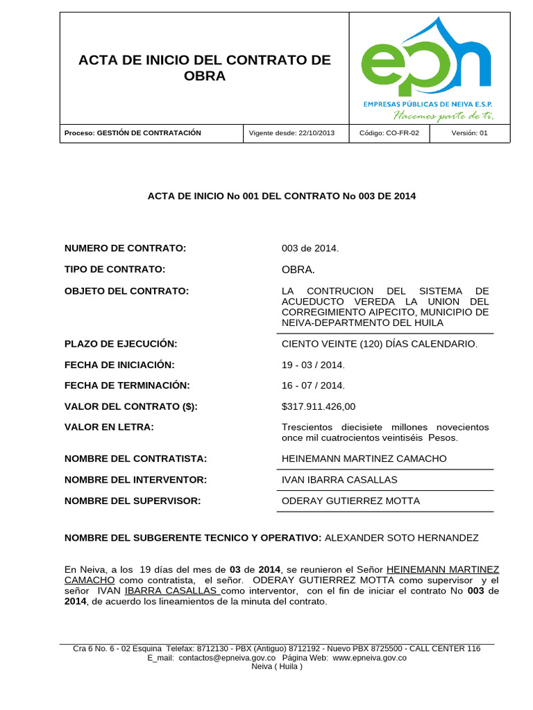 Acta de Inicio Del Contrato de Obra 003 | PDF | Informática