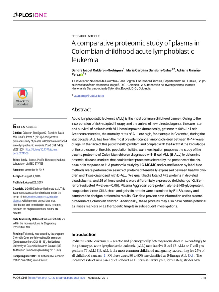 A Comparative Proteomic Study of Plasma in Colombian Childhood Acute ...