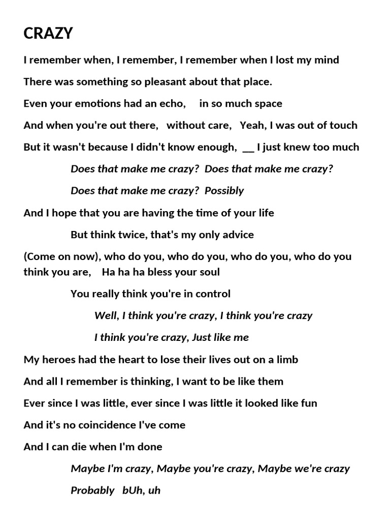 Crazy Lyrics Analysis | PDF