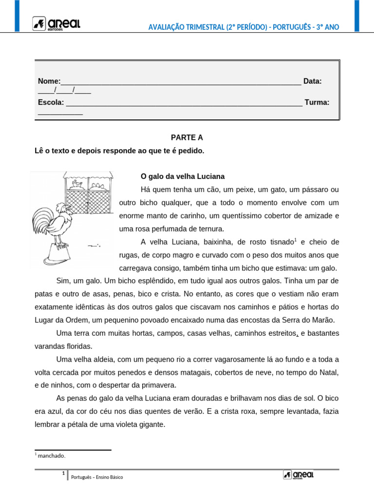 Avaliação de Português 3º Ano - 2º Período | PDF