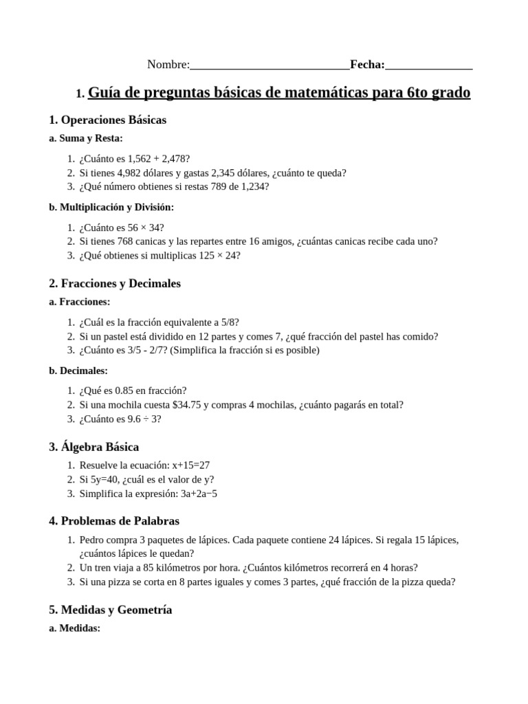 Guía Matemáticas 6to Grado: Preguntas y Respuestas | PDF | Aritmética ...