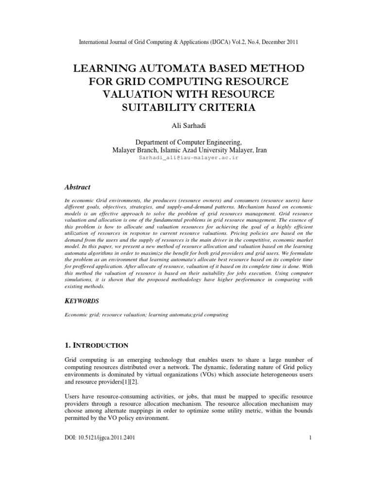 Learning Automata Based Method For Grid Computing Resource Valuation ...
